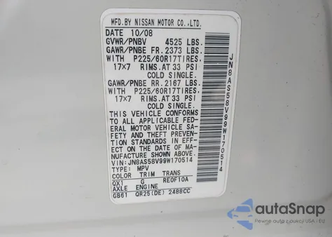 2009 Nissan Rogue Sl z USA, uszkodzony, nr VIN JN8AS58V99W170514